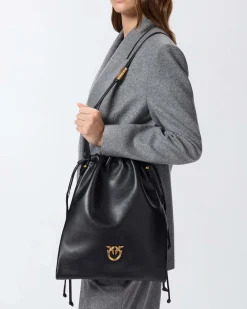 Sacchetto Pinko nero in pelle liscia misura media con fibbia Love Birds dorata e tracolla regolabile