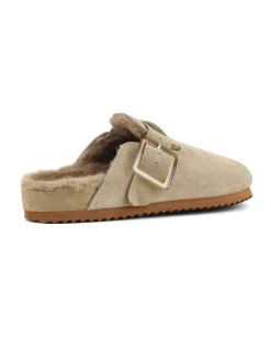 Sandalo beige in suede con interno in shearling tono su tono