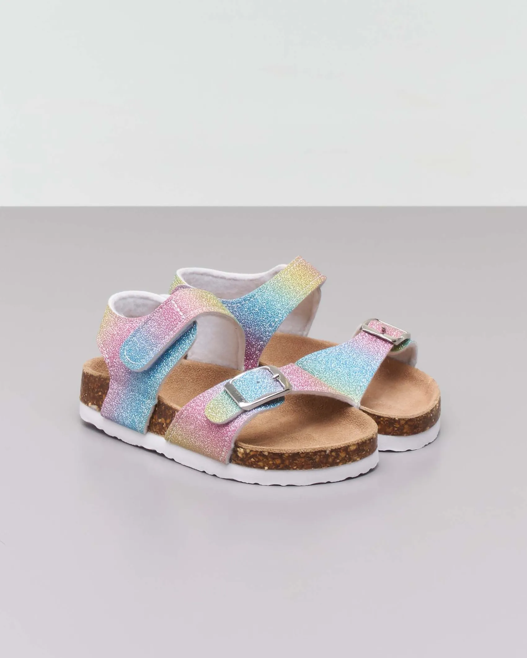 Sandalo multicolor glitterato con fibbia e cinturino a strappo