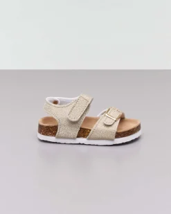 Sandalo oro glitterato con fibbia e cinturino a strappo