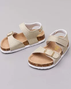 Sandalo oro glitterato con fibbia e cinturino a strappo