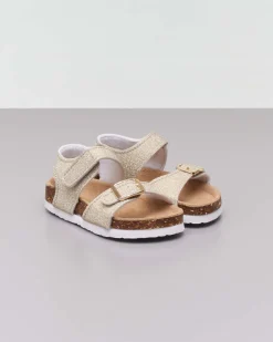 Sandalo oro glitterato con fibbia e cinturino a strappo