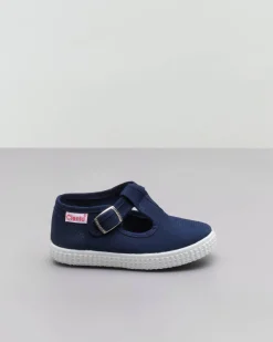 Scarpetta T-bar blu in tela di puro cotone con soula in gomma e chiusura a pressione