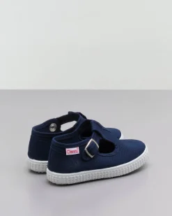 Scarpetta T-bar blu in tela di puro cotone con soula in gomma e chiusura a pressione