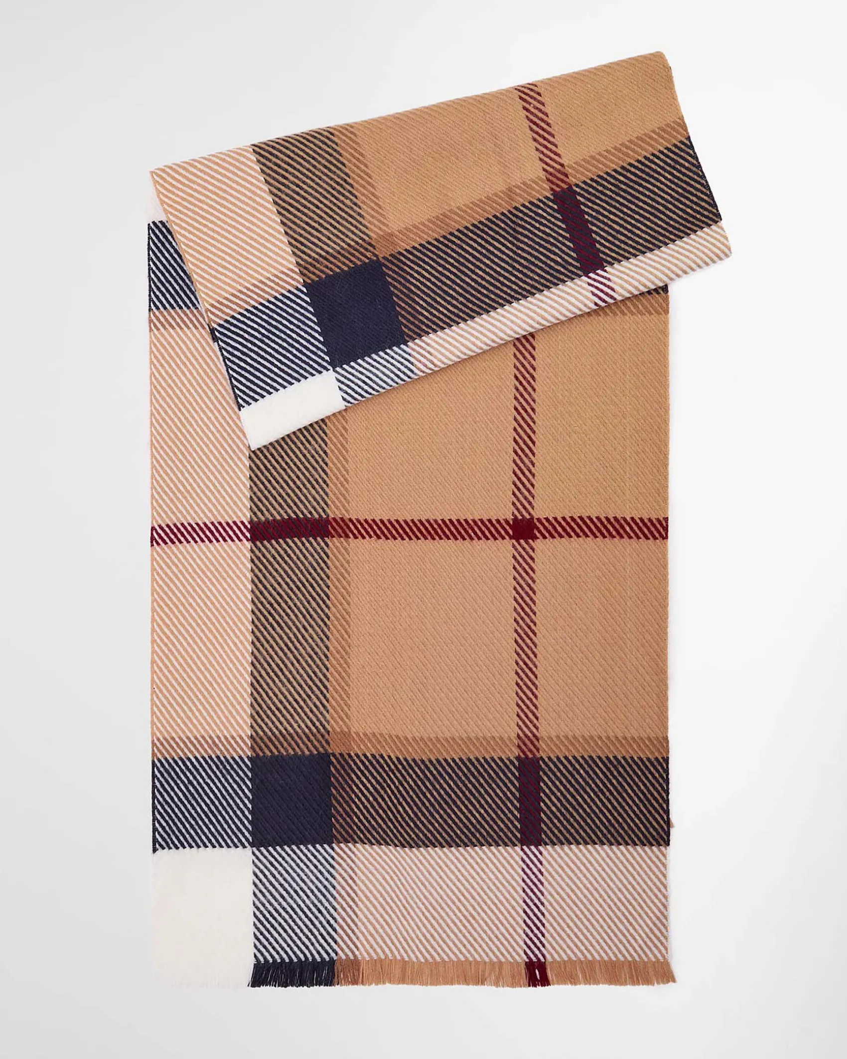 Sciarpa Barbour Blair color cammello a fantasia tartan blu in morbito twill con frangette al fondo