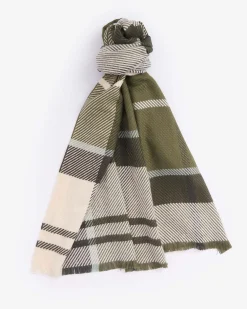 Sciarpa Barbour Blair verde a fantasia tartan avorio in morbito twill con frangette al fondo