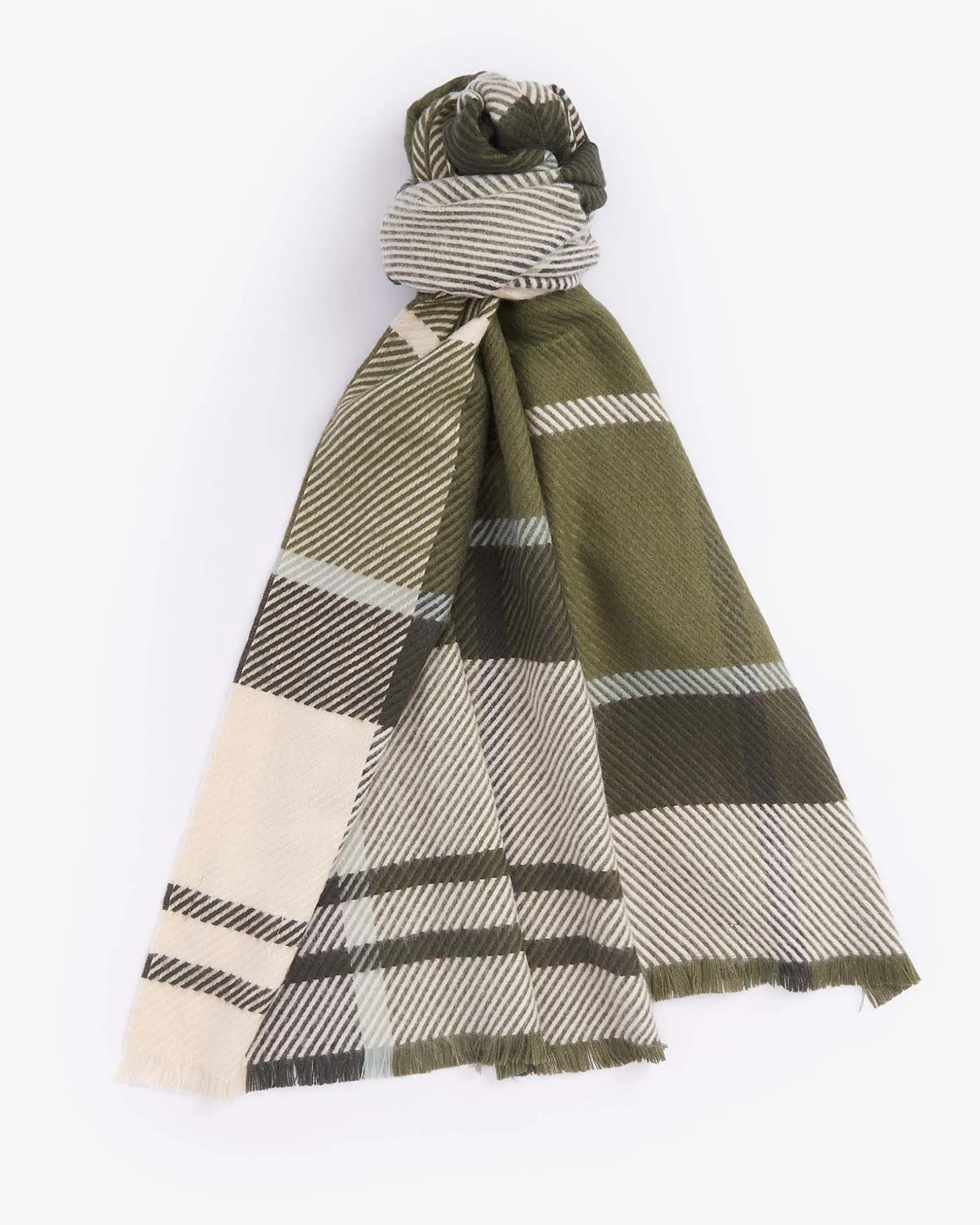 Sciarpa Barbour Blair verde a fantasia tartan avorio in morbito twill con frangette al fondo