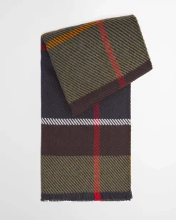 Sciarpa Barbour Blair verde a fantasia tartan blu giallo e marrone in morbito twill con frangette al fondo