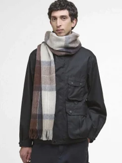 Sciarpa Barbour check grigio blu e marrone in pura lana