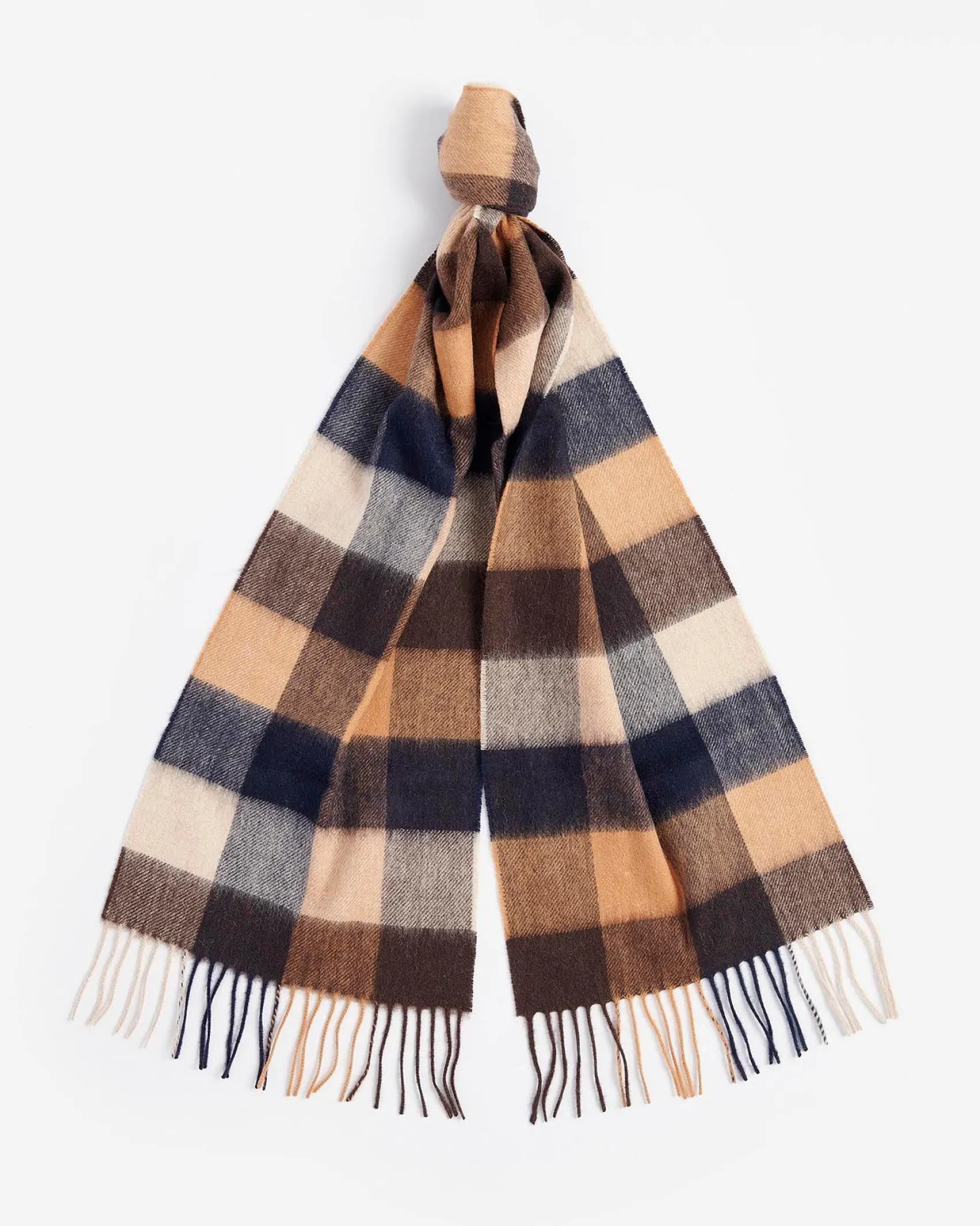 Sciarpa Barbour in fantasia check cammello beige e blu in pura lana