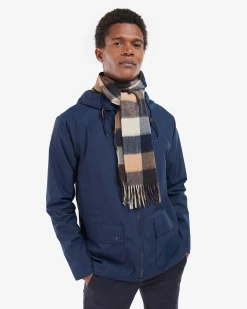 Sciarpa Barbour in fantasia check cammello beige e blu in pura lana