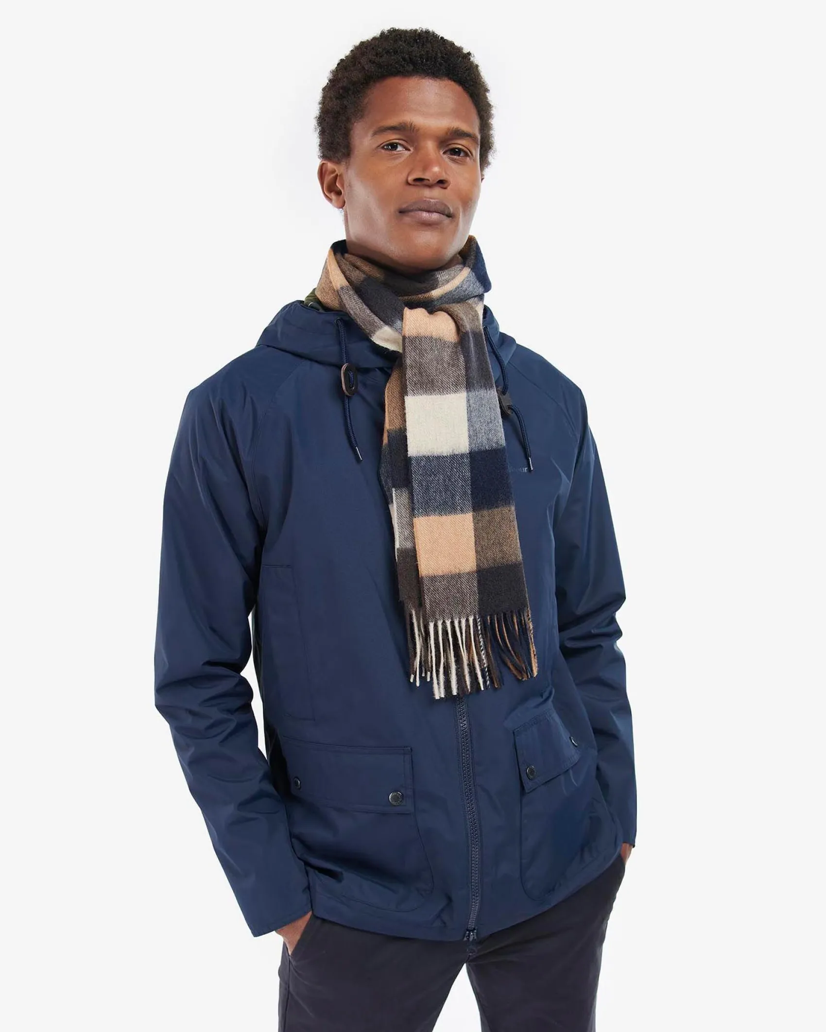Sciarpa Barbour in fantasia check cammello beige e blu in pura lana