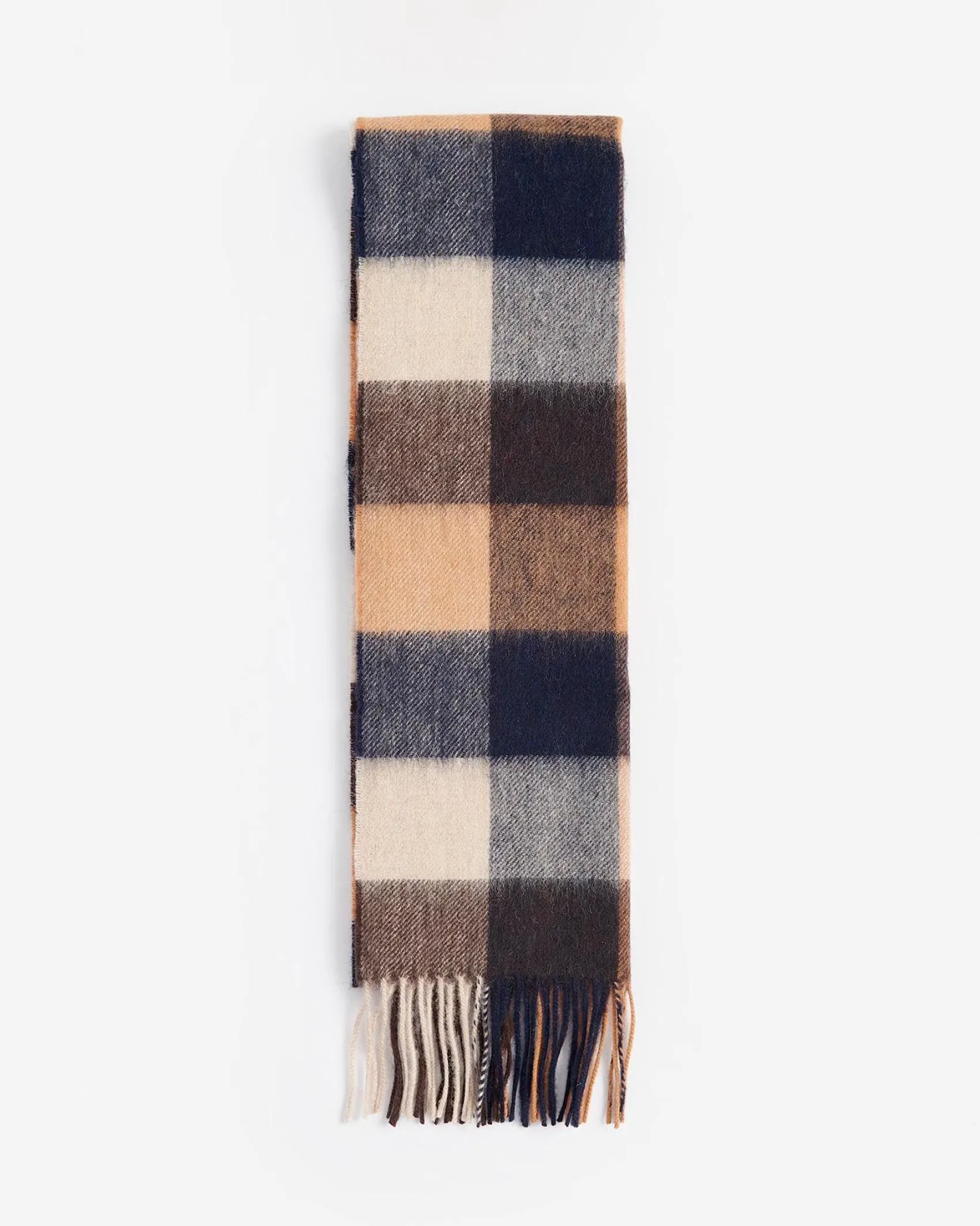 Sciarpa Barbour in fantasia check cammello beige e blu in pura lana