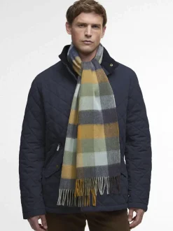 Sciarpa Barbour in fantasia check ocra cammello blu e verde militare in pura lana