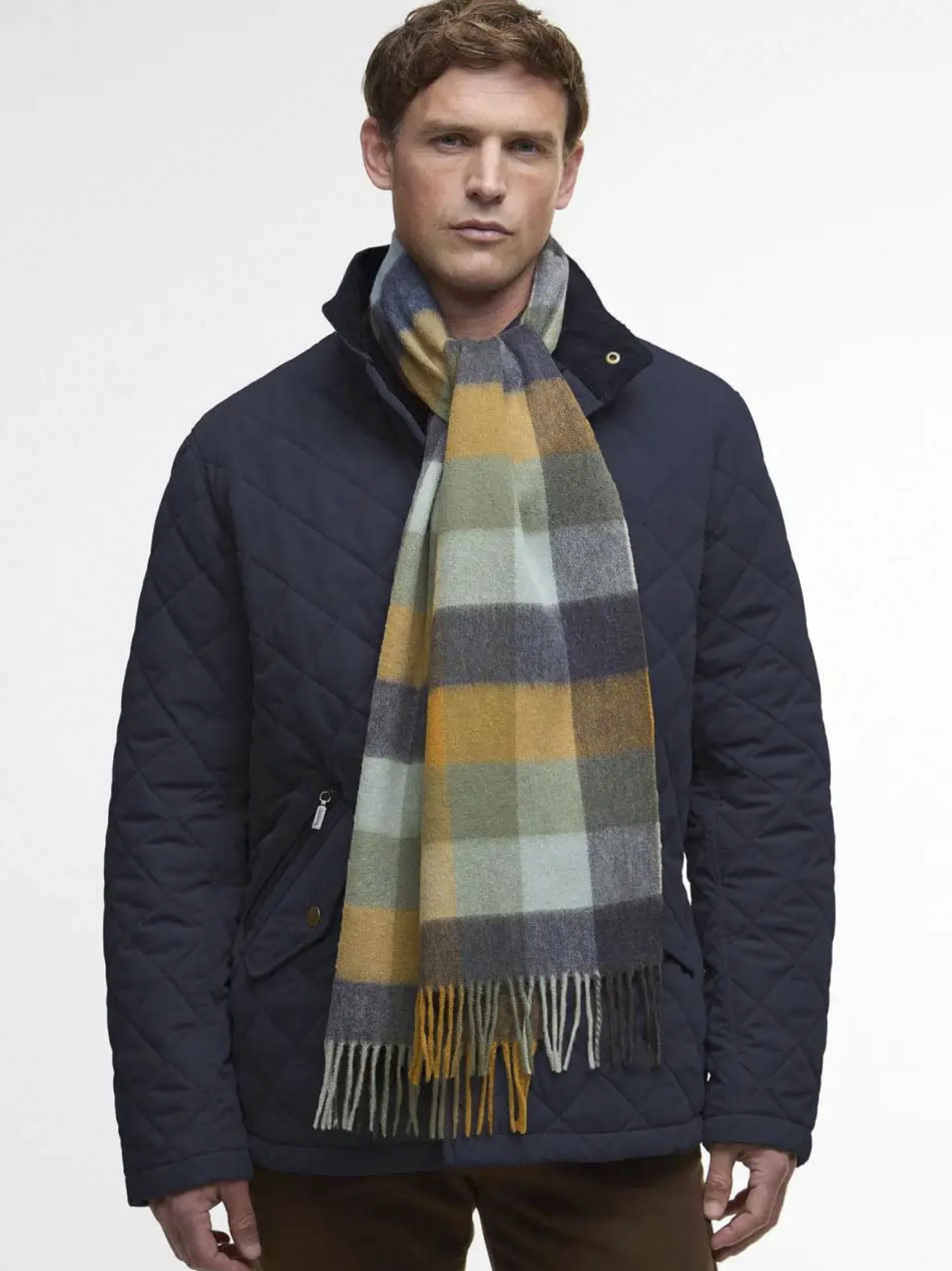Sciarpa Barbour in fantasia check ocra cammello blu e verde militare in pura lana