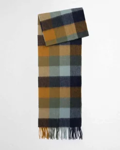 Sciarpa Barbour in fantasia check ocra cammello blu e verde militare in pura lana