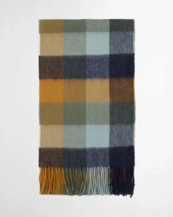 Sciarpa Barbour in fantasia check ocra cammello blu e verde militare in pura lana