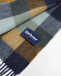 Sciarpa Barbour in fantasia check ocra cammello blu e verde militare in pura lana