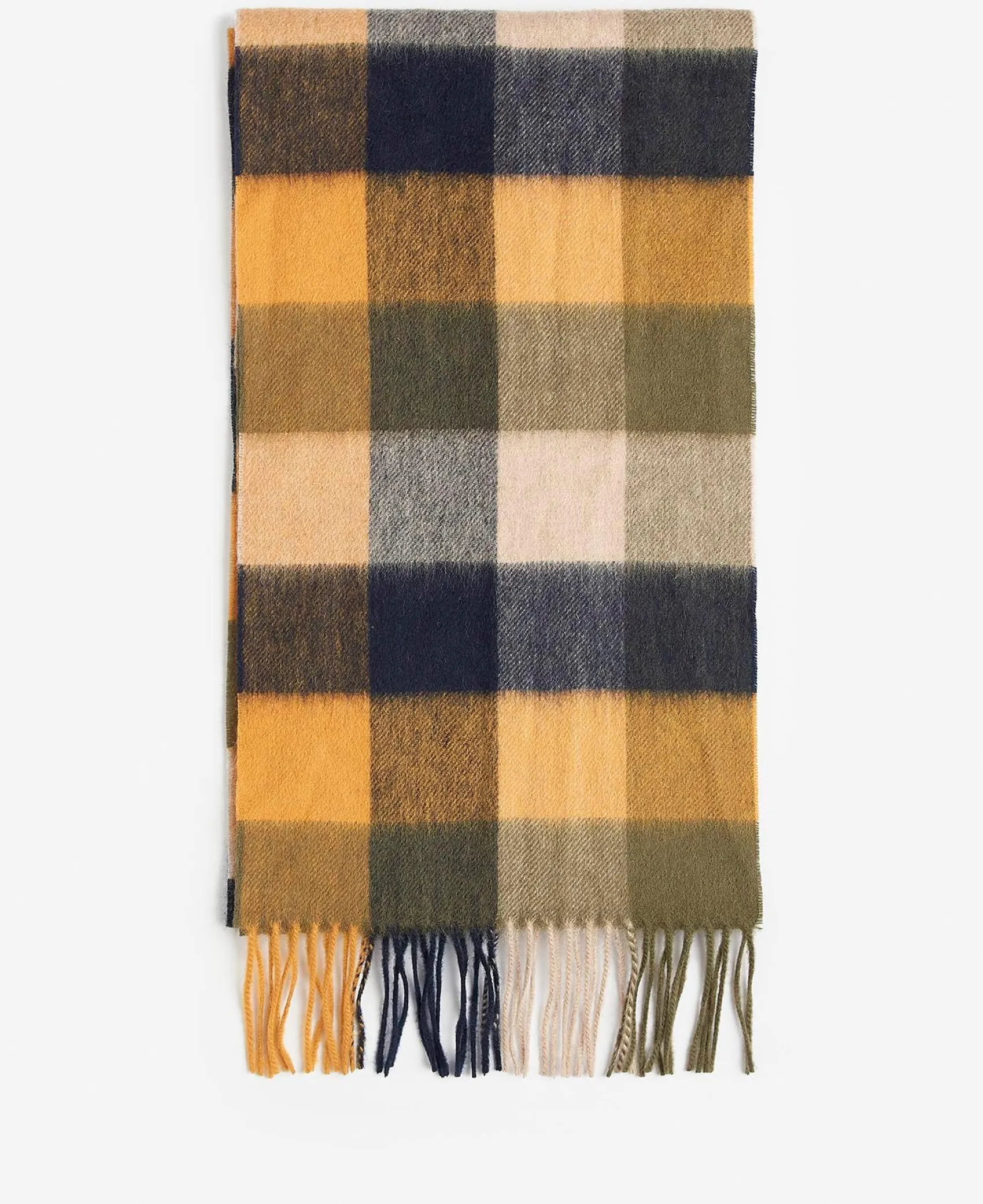 Sciarpa Barbour in fantasia check ocra blu e verde militare in pura lana