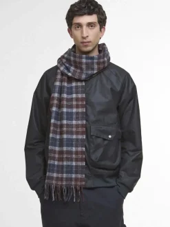 Sciarpa Barbour in tartan check marrone grigia e blu in pura lana