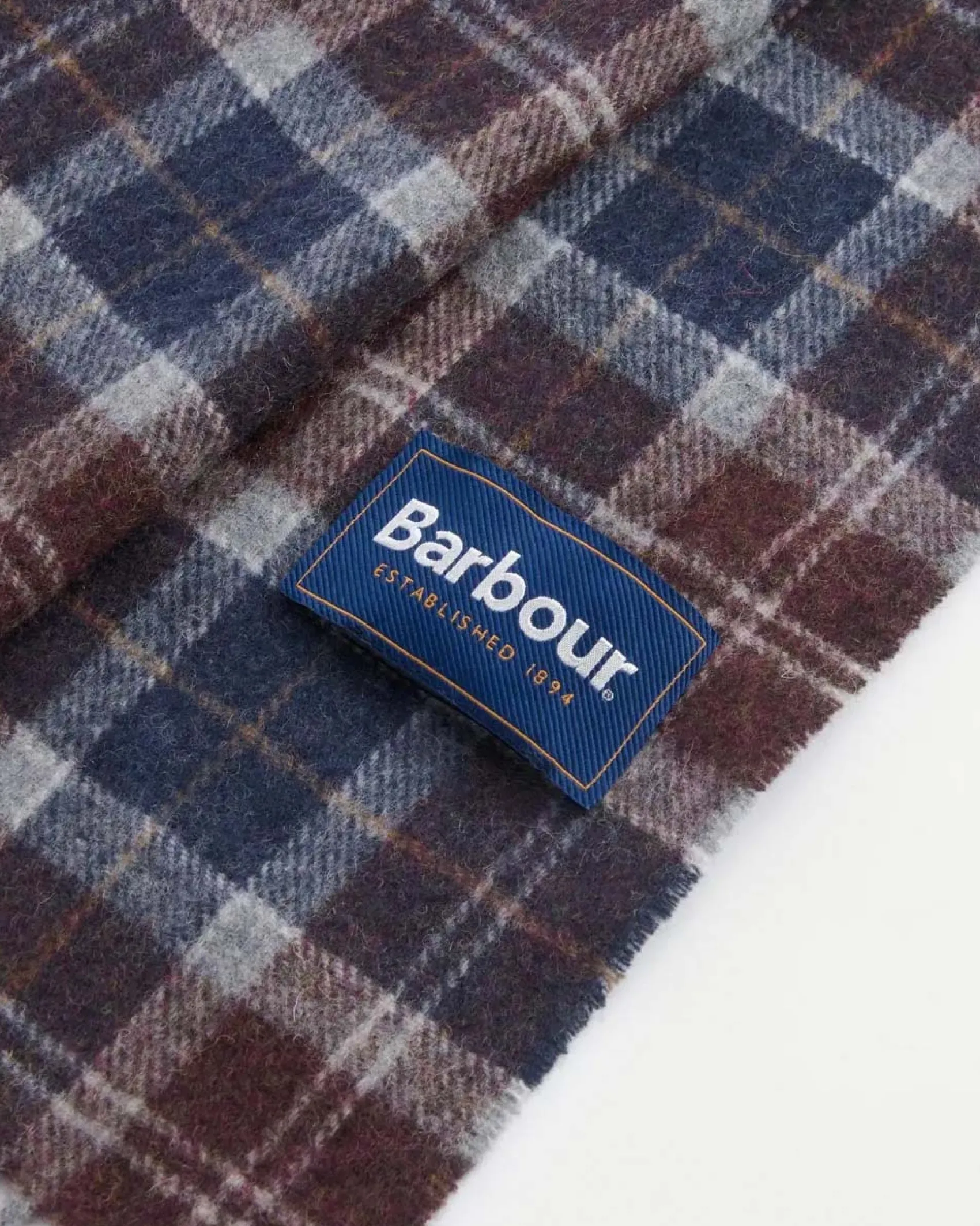 Sciarpa Barbour in tartan check marrone grigia e blu in pura lana