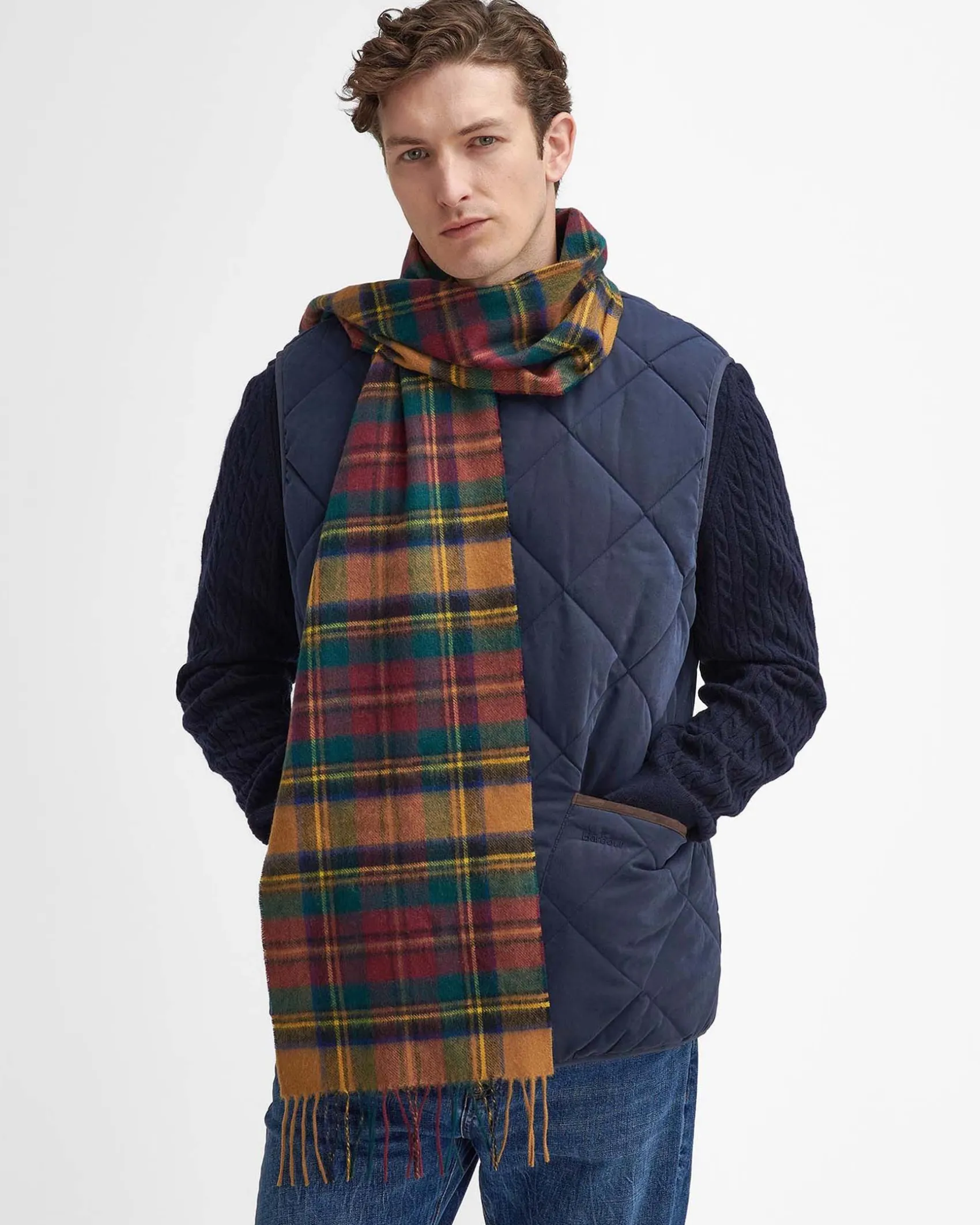 Sciarpa Barbour in tartan check coccio ocra e verde in misto lana e cachemire