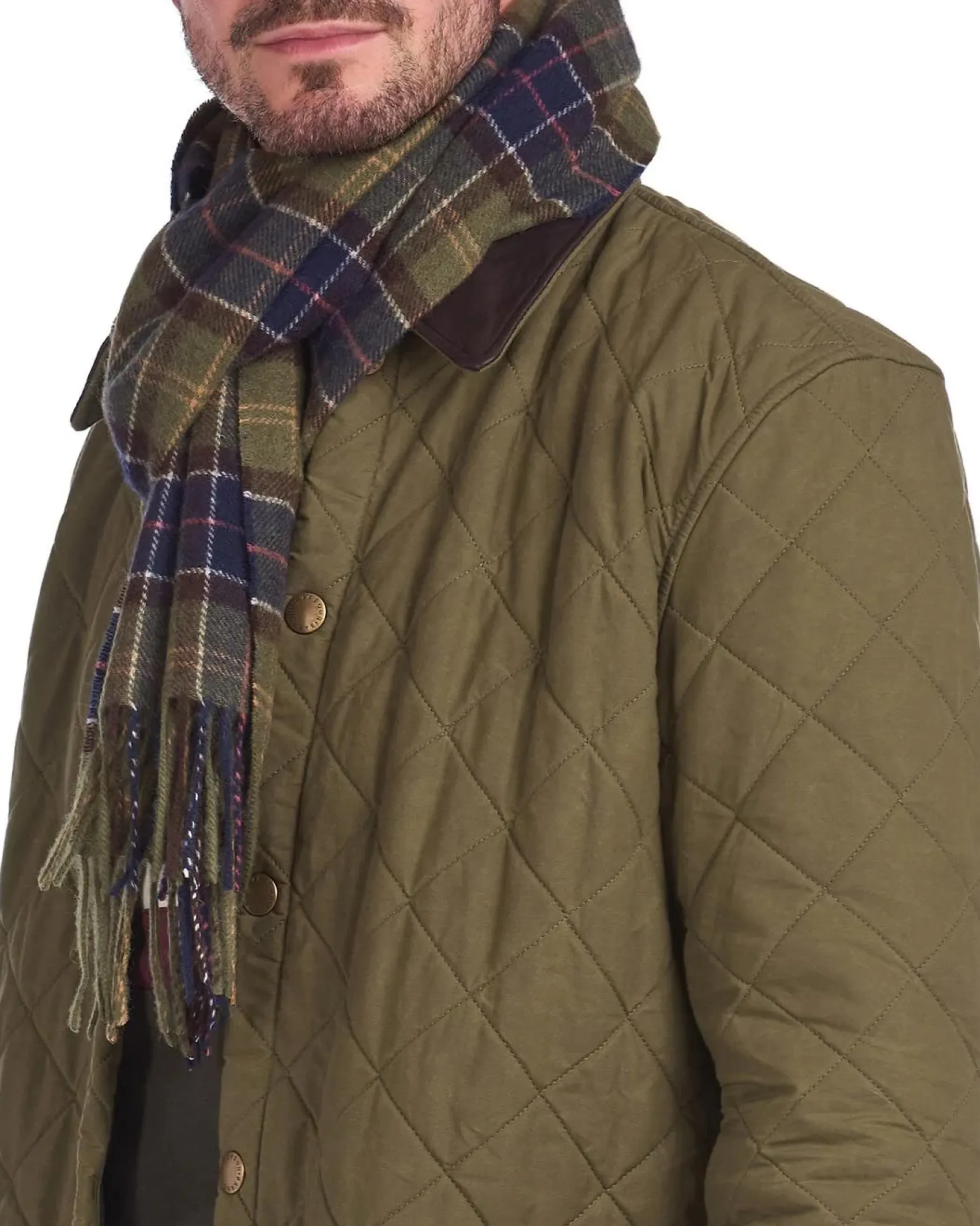 Sciarpa Barbour in tartan check verde militare e blu in pura lana