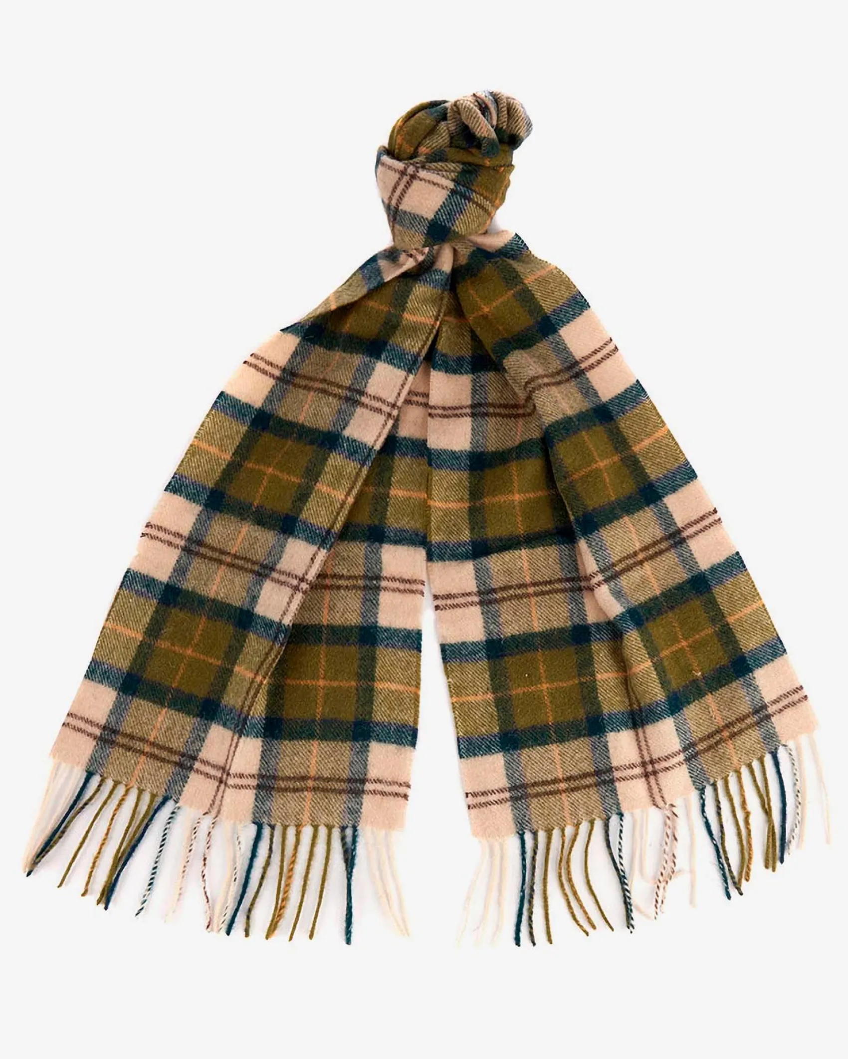 Sciarpa Barbour in tartan check beige e verde militare in pura lana