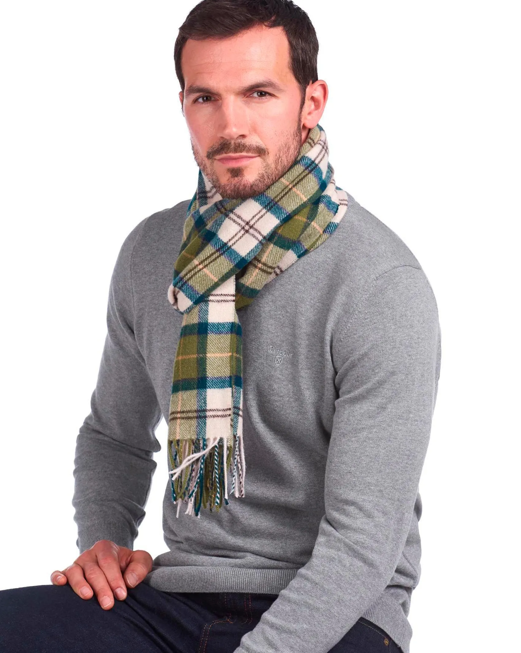 Sciarpa Barbour in tartan check beige e verde militare in pura lana