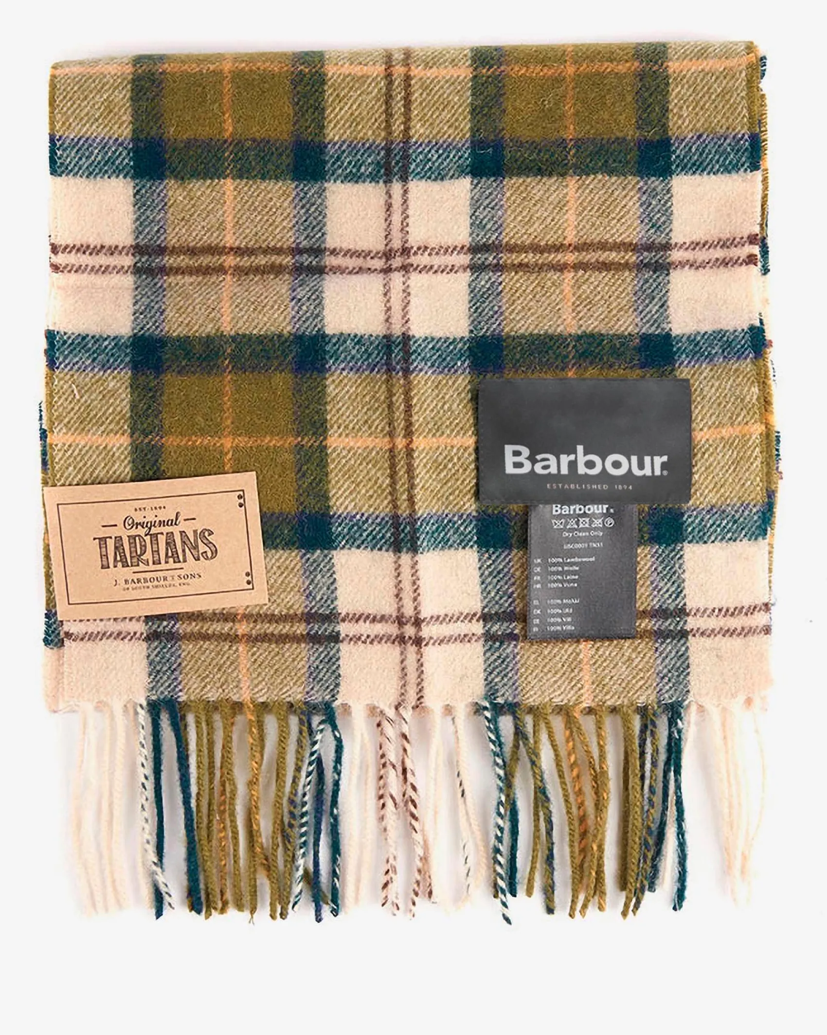 Sciarpa Barbour in tartan check beige e verde militare in pura lana