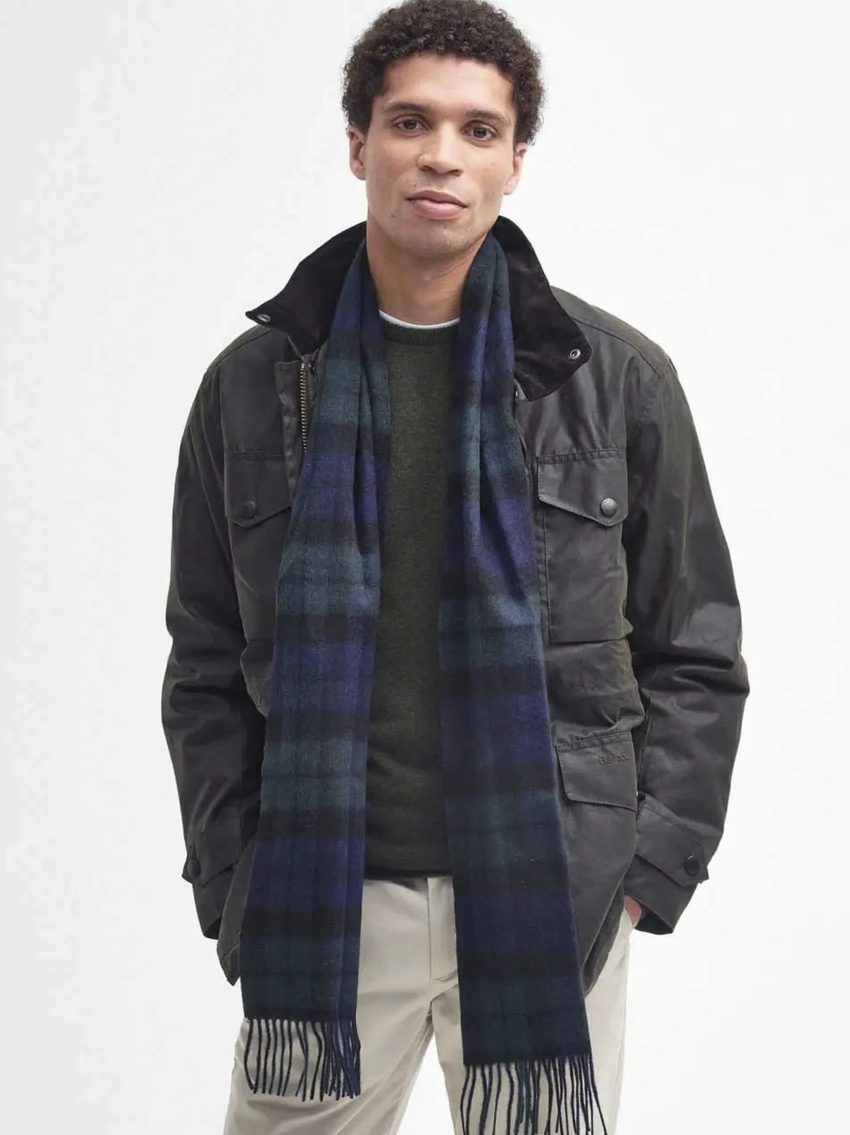Sciarpa Barbour in tartan check verde e blu in misto lana e cachemire