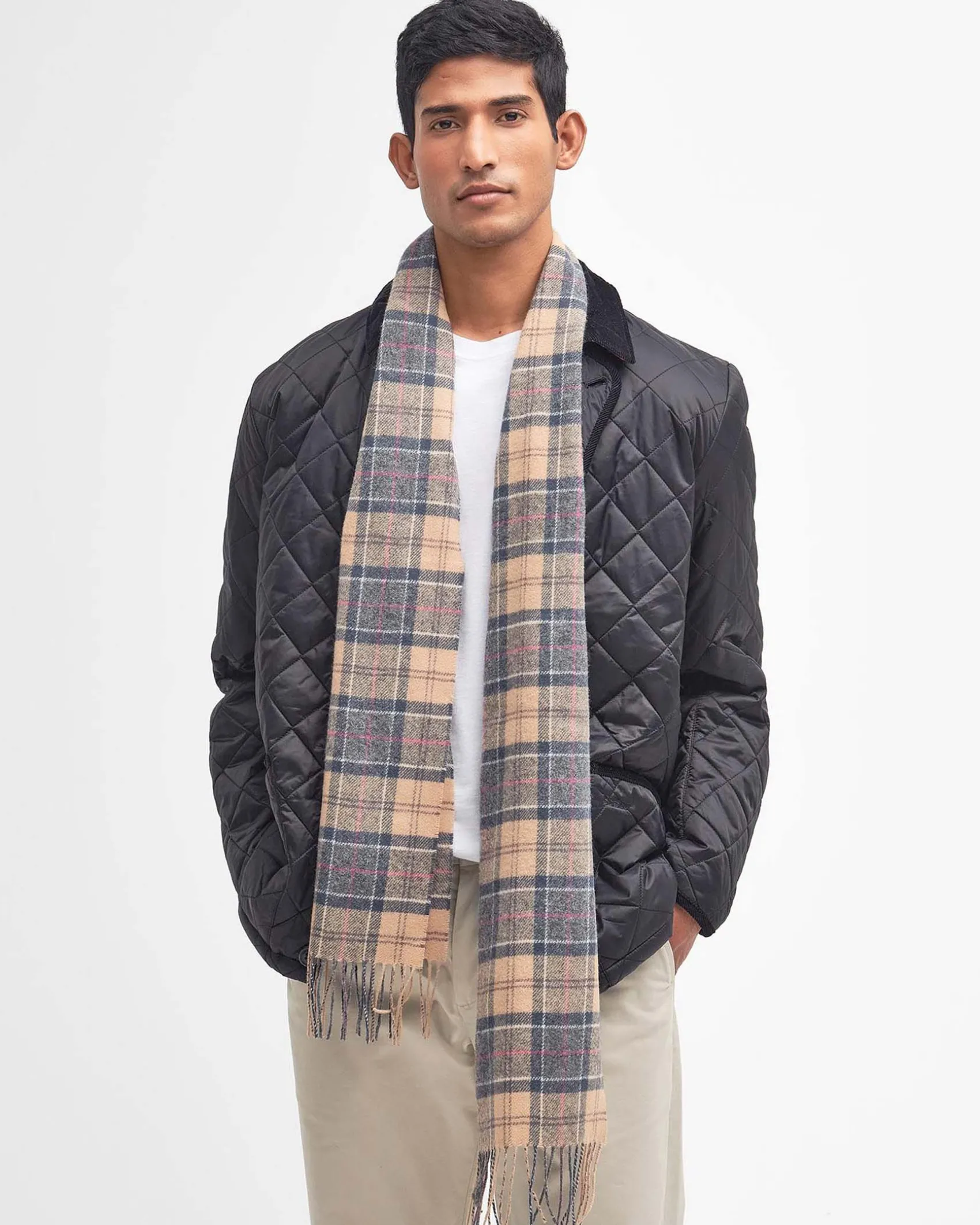 Sciarpa Barbour in tartan check beige e grigia in pura lana