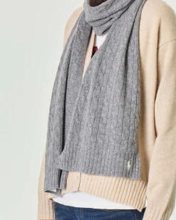 Sciarpa grigia in lana e cashmere lavorazione a trecce con logo ricamato bianco