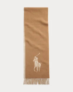Sciarpa in misto lana color cammello e beige con maxi logo e frange applicate