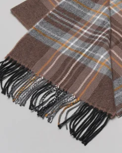 Sciarpa Pellizzari in tessuto check noce e grigia con riga arancio e frange