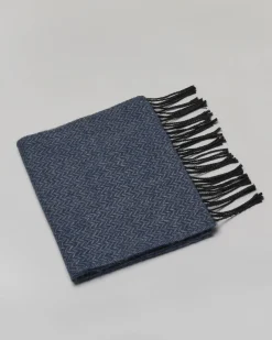 Sciarpa Pellizzari in tessuto spinato blu indaco e grigio con frange