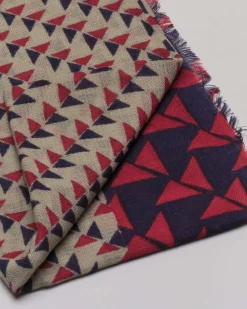 Sciarpa Raja color noce in pura lana a fantasia geometrica rossa e blu