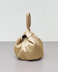 Secchiello prp in raso con strass tono su tono con gancio incrociato con tracolla a catena dorata