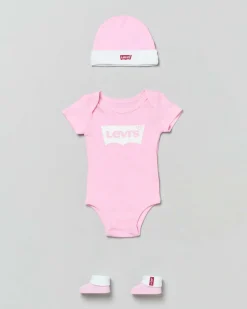 Set a tre pezzi in cotone rosa e bianco