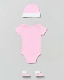 Set a tre pezzi in cotone rosa e bianco