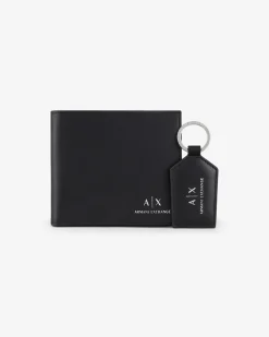 Set Armani Exchange composto da portafoglio e portachiavi in pelle nera con stampa logo AX