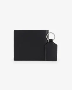 Set Armani Exchange composto da portafoglio e portachiavi in pelle nera con stampa logo AX