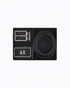 Set cintura nera Armani Exchange in pelle saffiano con doppia fibbia