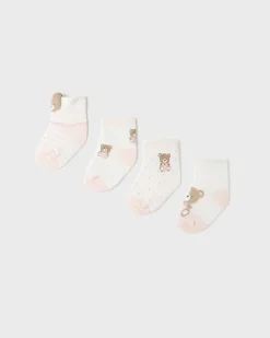 Set con quattro paia di calzini bianchi e rosa in cotone con orsetti 3-6 mesi