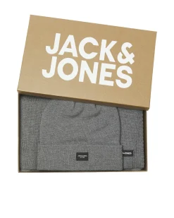 Set Jack & Jones composto da berretto e sciarpa grigi in maglia con etichetta logo cucita