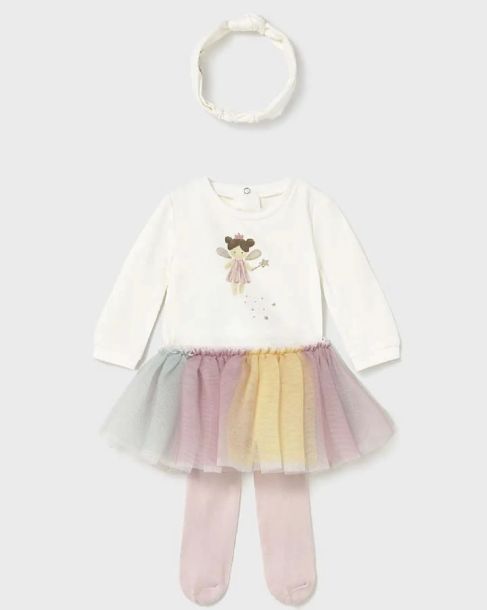 Set Mayoral con body bianco gonna in tulle multicolor con collant rosa e fascia bianca