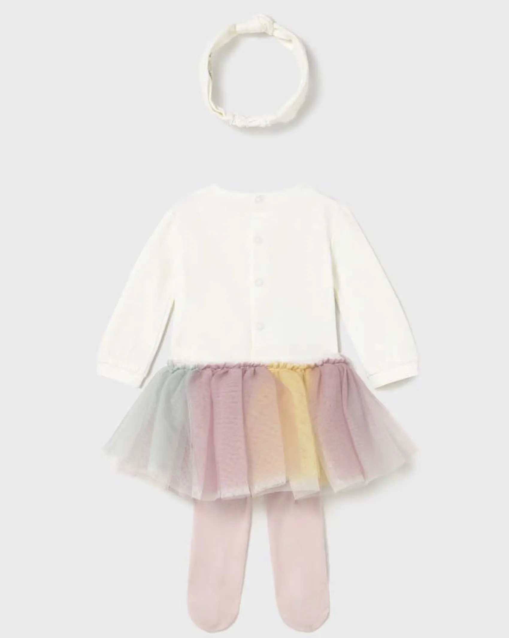 Set Mayoral con body bianco gonna in tulle multicolor con collant rosa e fascia bianca