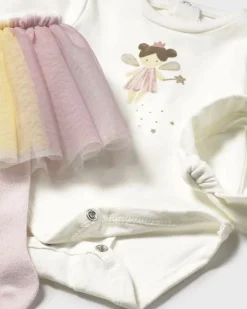 Set Mayoral con body bianco gonna in tulle multicolor con collant rosa e fascia bianca