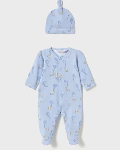 Set tutina azzurra in jersey di cotone con cappellino abbinato in fantasia aquiloni