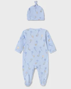 Set tutina azzurra in jersey di cotone con cappellino abbinato in fantasia aquiloni